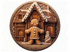 a gingerbread man standing in front of a house