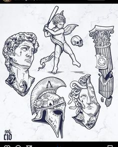 an old school tattoo design with angels and other items