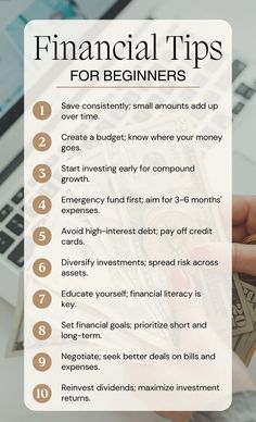 a person holding money in their hand with the text, financial tips for beginners