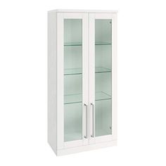 a white cabinet with glass doors on the front and bottom shelves, both closed up