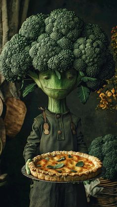 an alien holding a pizza with broccoli on it's head and eyes