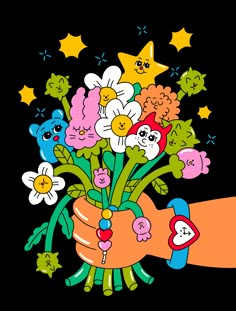 a person's hand holding a bouquet of flowers with stars in the sky above