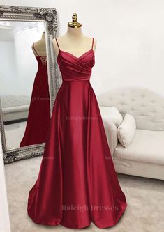 A Line V Neck Spaghetti Straps Long Floor Length Satin Prom Dress With Pleated Burgundy Prom Dress Long, Burgundy Prom, Prom Dress Long, Corset Dress Prom, Burgundy Prom Dress, Prom Dress Inspiration, Cute Prom Dresses, Pretty Prom Dresses, Satin Prom Dress