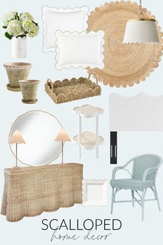 a collage of white furniture and accessories with text that reads scalloped pastel decor