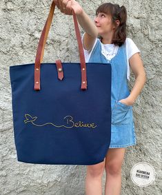 navy blue shoulder bag , leather straps tote bag , believe totes Blue Hand Embroidery, Navy Blue Linen, Black Leather Tote Bag, Black Leather Tote, Blue Hand