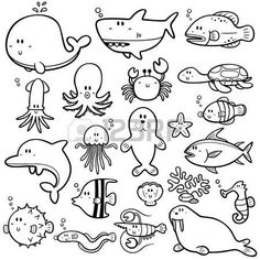 black and white cartoon sea animals set for coloring book page stock photo - 957982