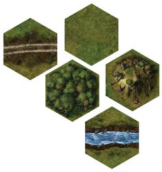 four hexagonals with trees and water in the middle one has a bridge on it