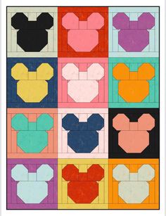 the mickey mouse block pattern is shown in different colors and shapes, including black, yellow, red, blue, green, pink, orange