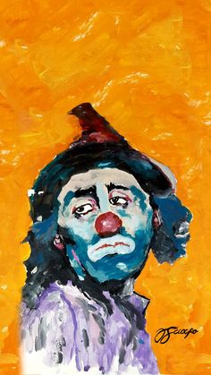 an oil painting of a clown wearing a hat and purple shirt with black hair, orange background