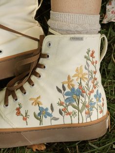 Sunshine Meadow Platform High Top Sneakers | BANGS Shoes | Embroidered Canvas Casual Boots With Floral Embroidery And Round Toe, Embroidered High Tops, Bangs Sneakers, Slay Shoes, Cottagecore Shoes, Embroidered Converse High Tops, Platform High Tops, Unique Converse, Aesthetic Boots