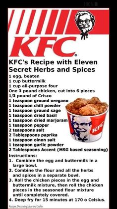 an advertisement for kfc's recipe with eleven ingredients and spices