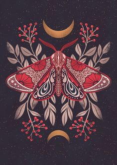 a red moth sitting on top of a leafy plant next to a crescent moon