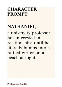 a quote from the book character prompt nathaniell, not interested in relationss until he literally bumps into a related writer on a beach at night