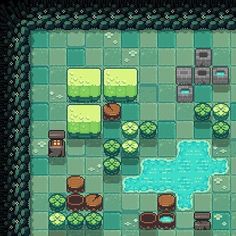 an image of a video game screen with a pond in the middle and several objects around it