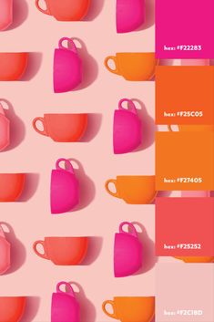 the color scheme shows different shades of pink, orange and red coffee cups with handles on them