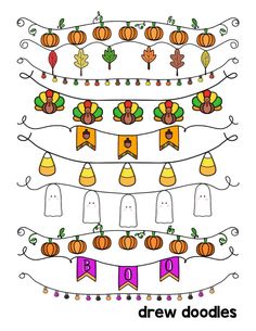 a drawing of a tree with lots of pumpkins on it and decorations hanging from the branches