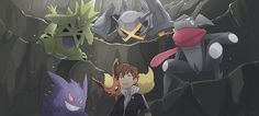 four pokemon characters standing in front of a cave