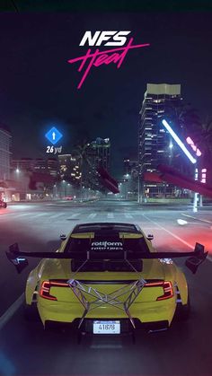 a yellow sports car driving down a street at night with neon lights in the background