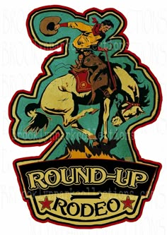 the round up rodeo logo with a cowboy riding on a horse and holding a lasso