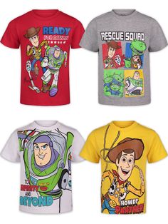 four toy story t - shirts are shown in three different colors and sizes, including grey, red, yellow, green, and blue