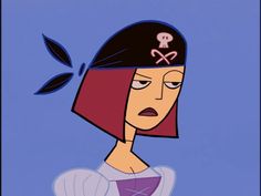 an animated woman with red hair wearing a pirate hat and purple dress is looking to the side