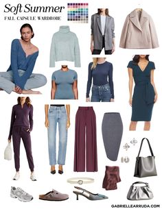 Fall Capsule Wardrobe: 12 Seasonal Color Palettes - Gabrielle Arruda Summer Color Palette Outfits, Fall Wardrobe Ideas, Autumn True, Soft Summer Fashion, Color Analysis Summer, Summer Autumn Outfit, Seasonal Color Palette, Wardrobe Images