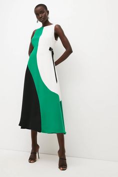 Soft Tailored Colorblock Strappy Back Dress | Karen Millen Strappy Back Dress, Triangle Dress, Latest Maxi Dresses, Ladies Who Lunch, Maxi Dress Collection, Soft Tailoring, Green Soft, Back Dress, Flared Skirt