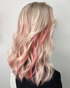 Colored Lowlights In Blonde Hair, Peekaboo Pink In Blonde Hair, Blonde With Pink Peekaboo Highlights, Rose Gold Peekaboo Highlights Blonde, Peekaboo Hair Color With Blonde, Blonde Hair With Peak A Boo Pink, Highlights With Color In Between, Hair Dyed Blonde Highlights, Peekaboo Hair Color Pink Blonde