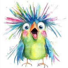 a watercolor painting of a colorful bird with its mouth open