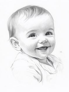 a pencil drawing of a smiling baby