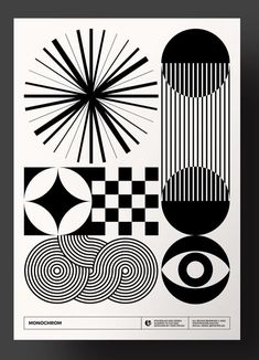 an abstract poster with black and white shapes