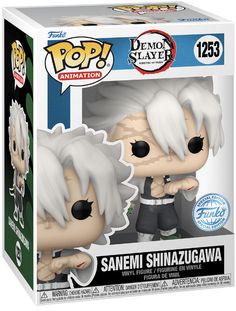 an anime pop vinyl figure with white hair and black pants, holding his hands on his chest