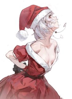 a drawing of a woman in a red dress and santa hat with her hands on her hips