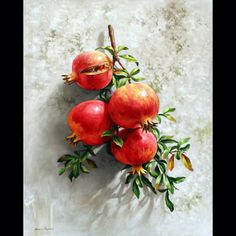 three pomegranates on a branch with leaves and buds painted in oil