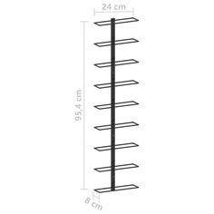 a tall metal rack with two rows of shelves on each side and measurements for each shelf