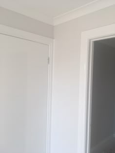 an empty room with white walls and doors