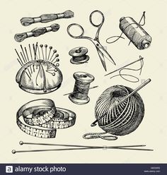 hand drawn illustration of sewing supplies and tools for needleing, knitting or crochet