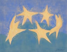 an artistic drawing of five yellow stars on a blue background