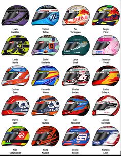 many different types of helmets on display in an image with the names and numbers below them