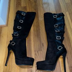 These Boots Have Only Been Worn Once They Are In Great Condition Size 8 In Women’s And Still In Box Fitted Knee-high Heeled Boots With Buckle Closure, Ankle-high Heeled Boots With Buckle Closure, Ankle-high Moto Boots With Reinforced Heel, Black Ankle-high Boots With Reinforced Heel, Black Ankle-high Boots With Buckle Closure, Black Knees, Heel Boots, Pretty Shoes, Shoes Heels Boots