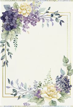 a floral frame with purple flowers and green leaves on the edges is shown in this image