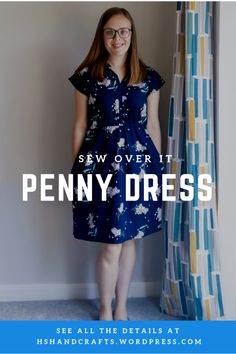 a woman standing in front of a curtain with the words sew over it penny dress