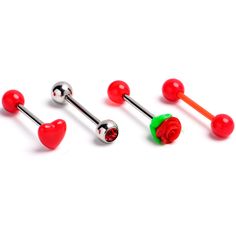 Product DetailsRed Gem Rose Heart Barbell Tongue Ring Set of 4 Let your tongue piercing reflect your every mood with this set of 14 gauge tongue rings. Three are made with 5/8 inch 316L surgical grade stainless steel straight barbells. One features a 5mm top ball end that is set with a red gem. The second one features a 6mm red bottom ball end and a red heart top end for a whimsical appearance. The third one features a red bottom ball end and a multidimensional red rose charm top end. The fourth Cool Tongue Rings, Tongue Ring Aesthetic, Cute Tongue Rings, Ur Logo, Pretty Piercings, Tongue Piercing Jewelry, Tongue Bars, Cheetah Print Wallpaper, Tongue Ring