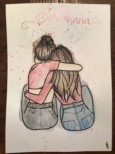 Aquarell Handlettering, Text: Ohana. 
Illustrierte Freundinnen, Schwestern die sich im Arm liegen. Friends Watercolor Paintings, Watercolour People, Friendship Paintings, Cute Birthday Gift, Christmas Ornaments Homemade, Birthday Gift Ideas, Drawing Tips, Paper Crafts Diy, Matilda