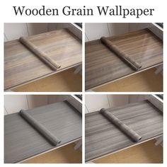 four images show the different stages of wood grain wallpaper