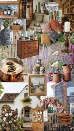 a collage of photos with different things in them including vases, pots and other items