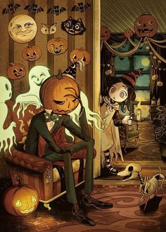 a couple sitting in a chair with pumpkins and ghost heads on the wall behind them