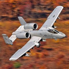 a fighter jet flying through the air with autumn foliage in the back ground behind it