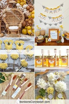 a collage of photos with lemons, honey jars and decorations for a baby shower