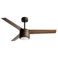 a ceiling fan with a wooden blade and light on the blades, against a white background